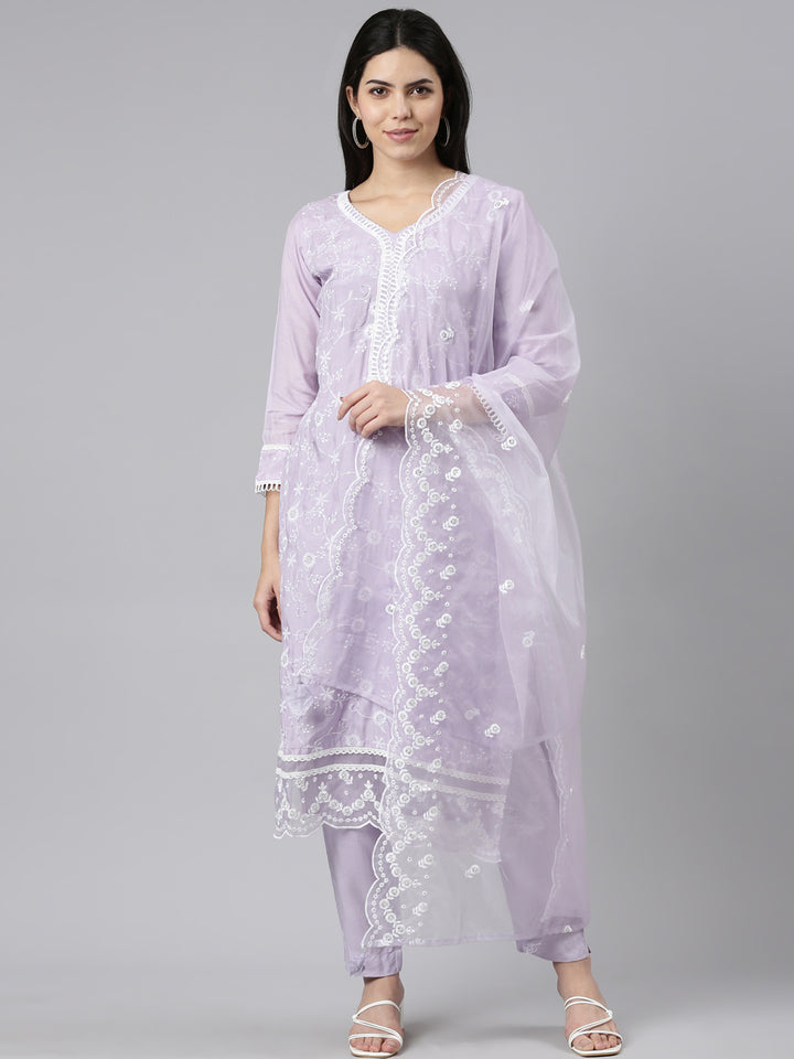 Neerus Lavender Regular Straight Embroidered Kurta And Trousers With Dupatta