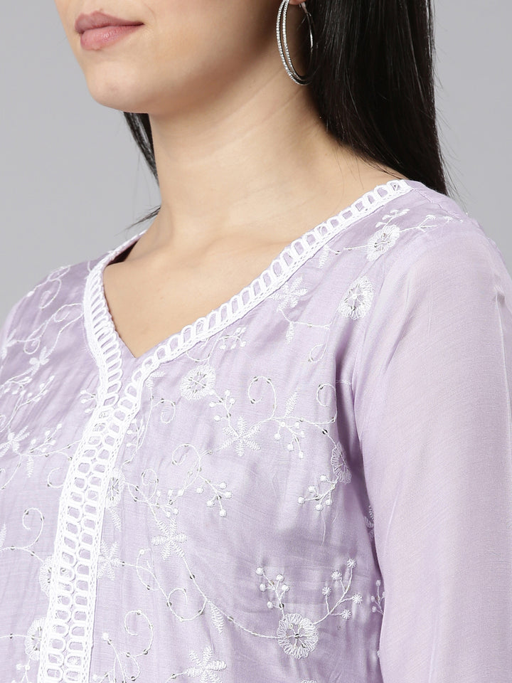 Neerus Lavender Regular Straight Embroidered Kurta And Trousers With Dupatta