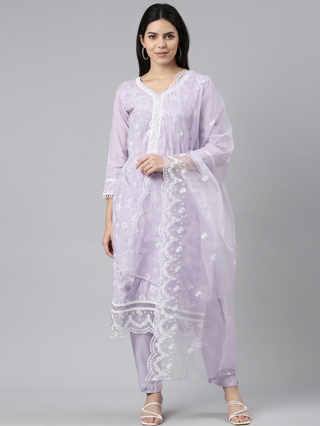 Neeru's Lavender Regular Straight Embroidered Kurta And Trousers With Dupatta