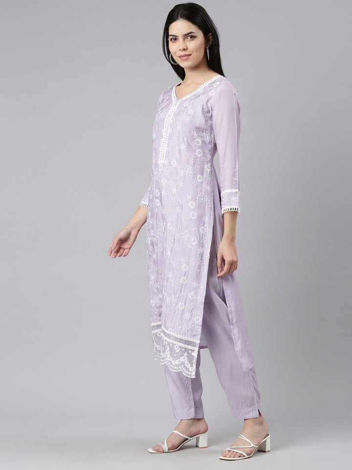 Neerus Lavender Regular Straight Embroidered Kurta And Trousers With Dupatta