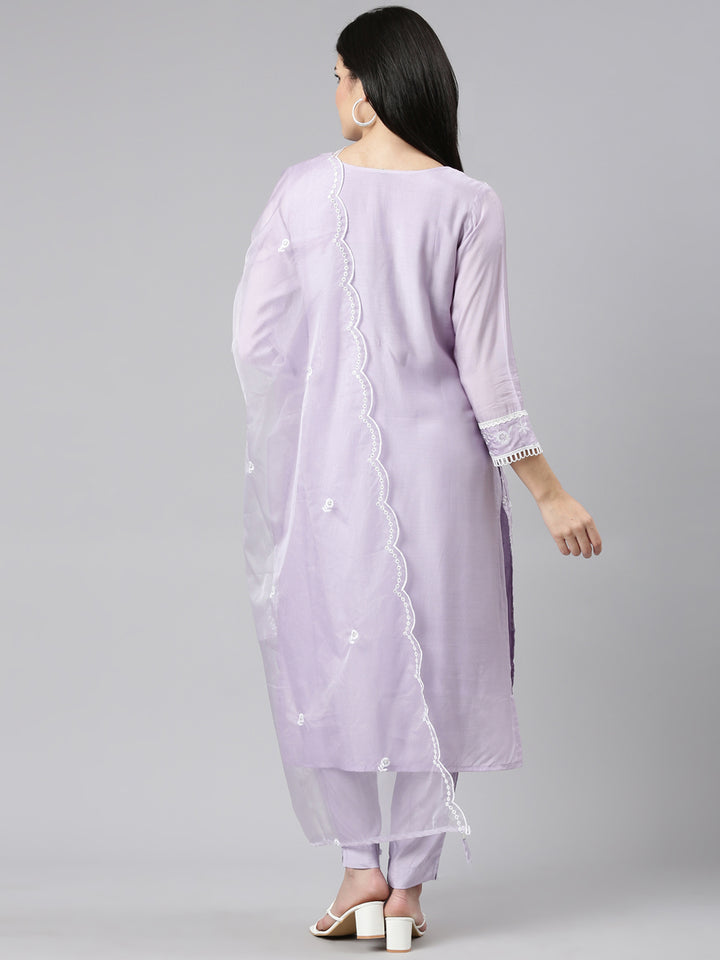 Neerus Lavender Regular Straight Embroidered Kurta And Trousers With Dupatta