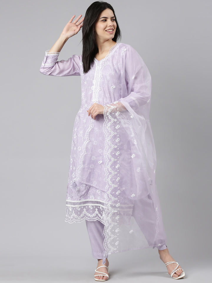 Neerus Lavender Regular Straight Embroidered Kurta And Trousers With Dupatta