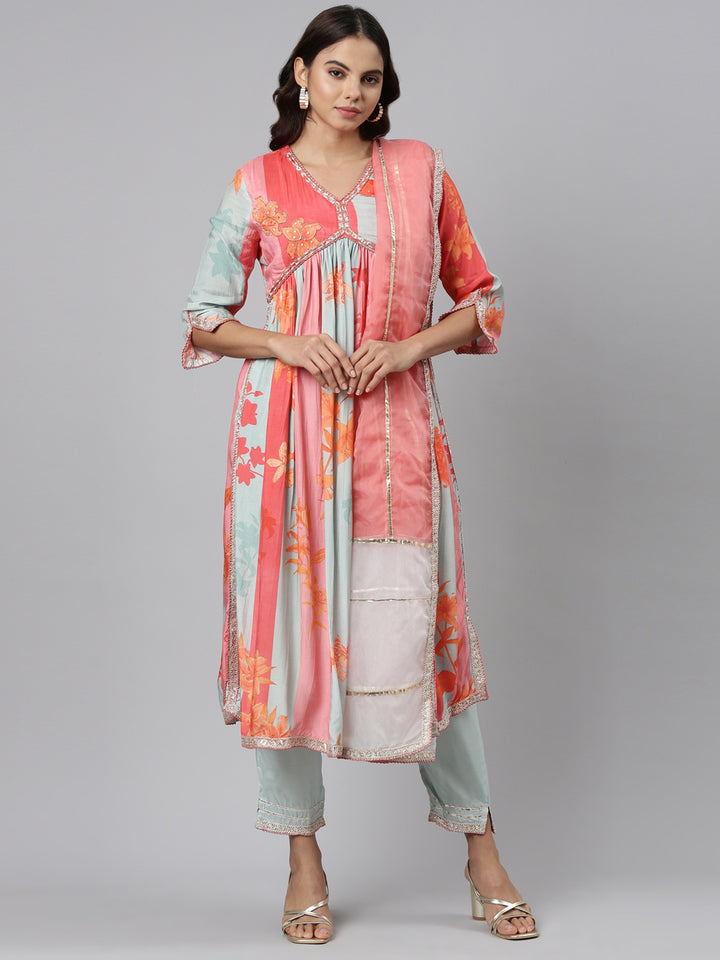 Neerus Orange printed straight kurta set with trouser and dupatta - front view