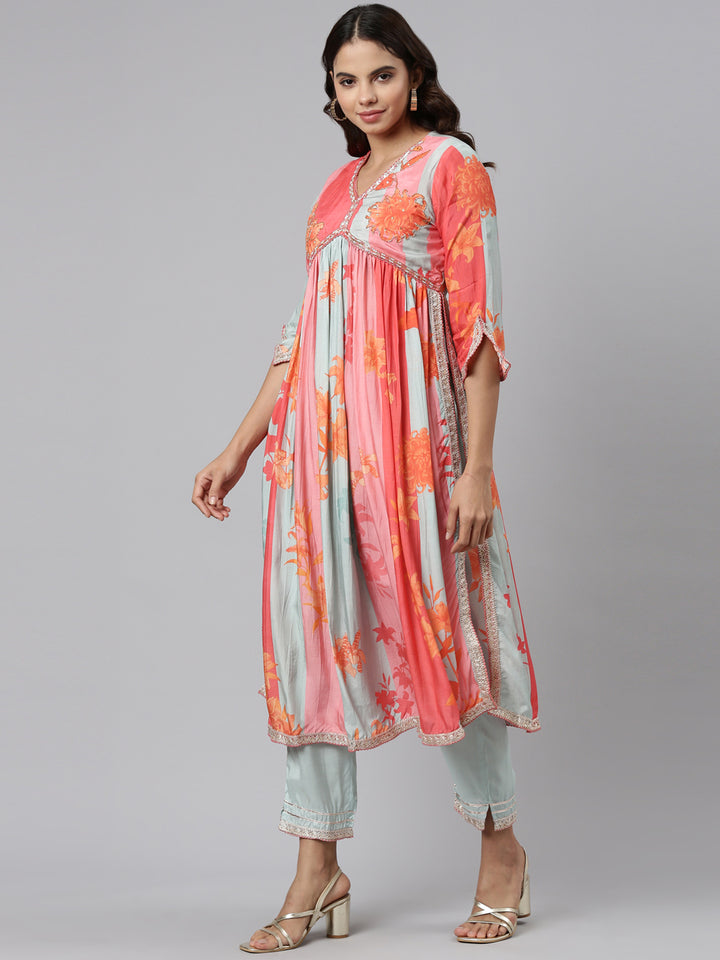 Neerus Orange printed straight kurta set with trouser and dupatta - back view