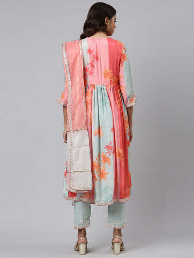 Neeru's Orange Regular Straight Printed Kurta And Trousers With Dupatta