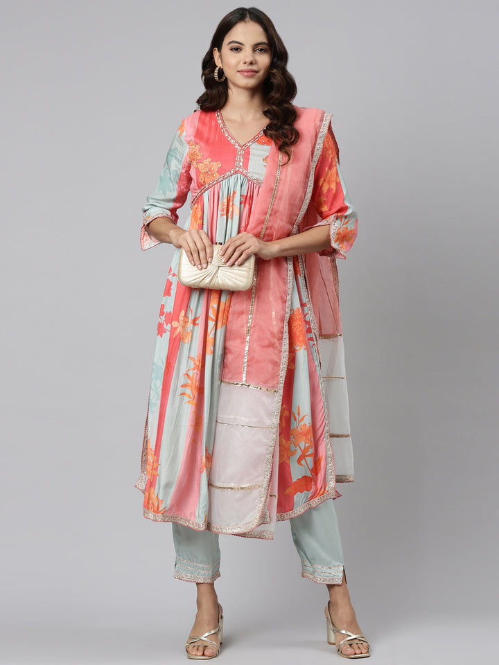 Neerus Orange printed straight kurta set with trouser and dupatta - detail view 2