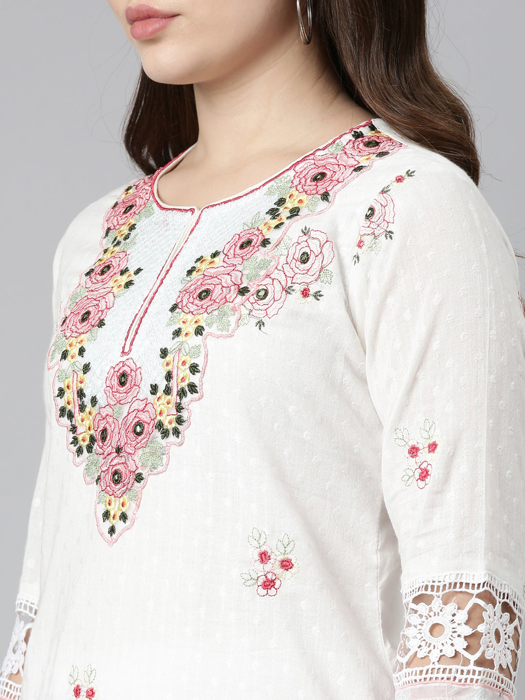 Neerus Beige embroidered straight kurta set - detail view 1