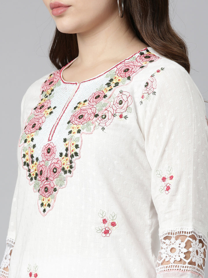 Neerus Beige embroidered straight kurta set - detail view 1