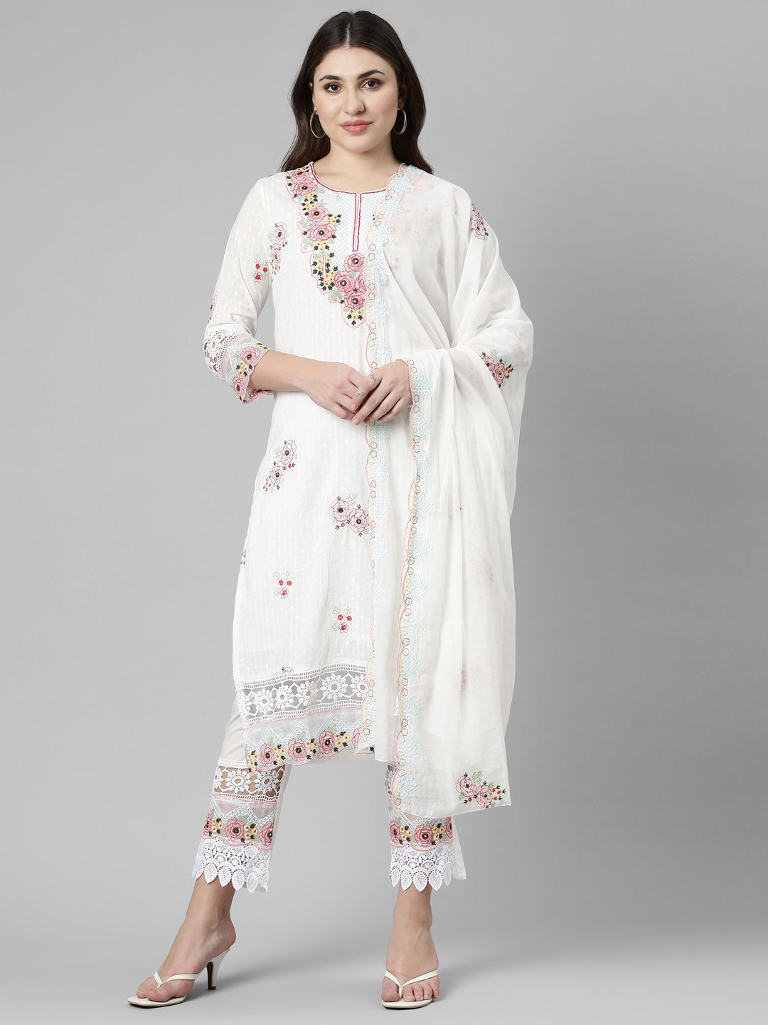 Neeru's Cream Regular Straight Embroidered Readymade suits