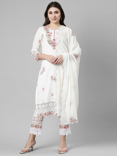 Neeru's Cream Regular Straight Embroidered Readymade suits