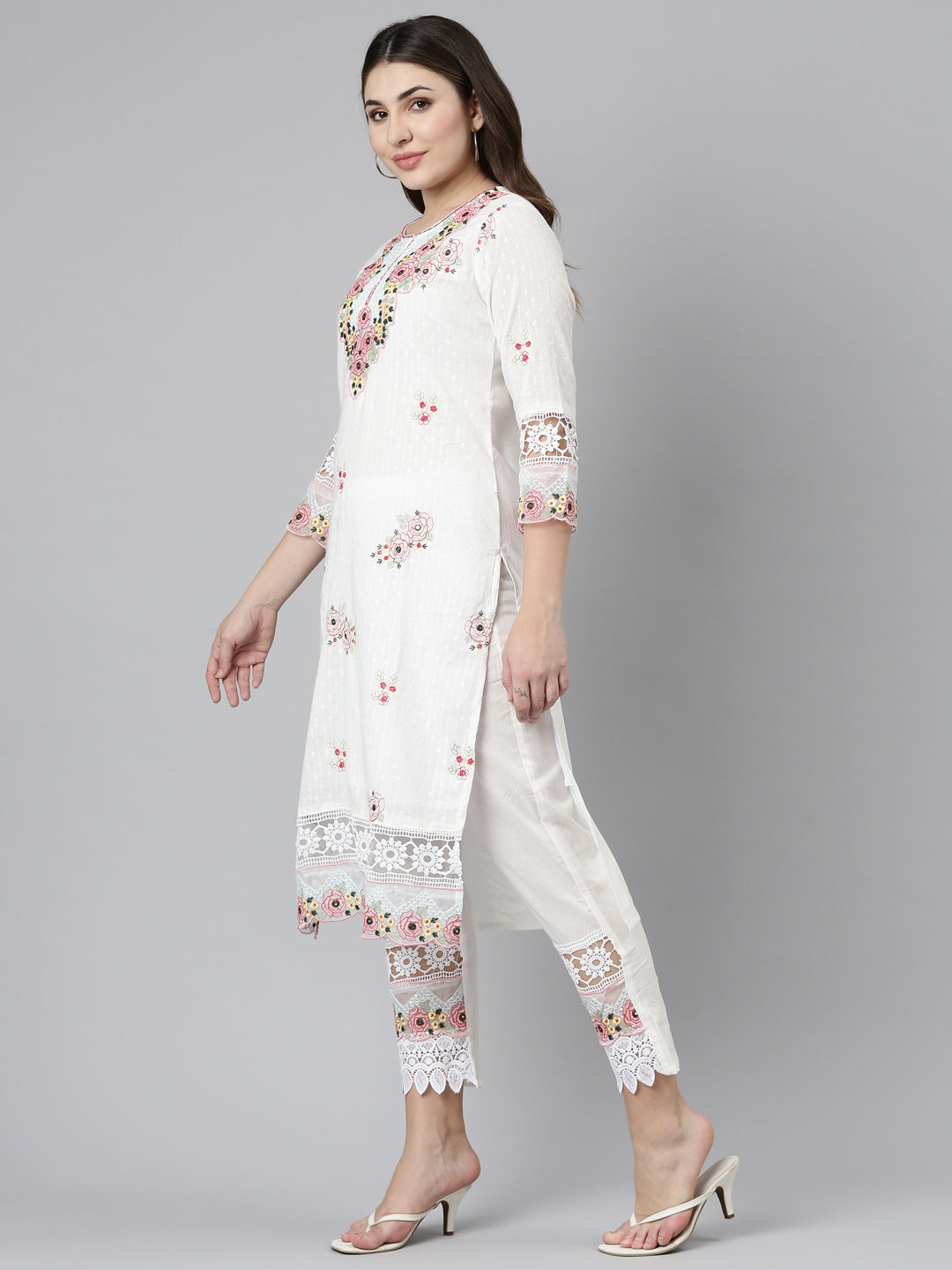 Neerus Beige embroidered straight kurta set - back view