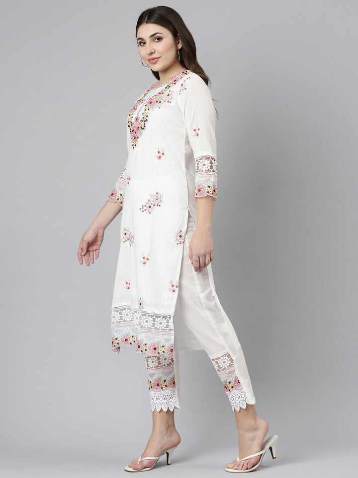 Neerus Beige embroidered straight kurta set - back view