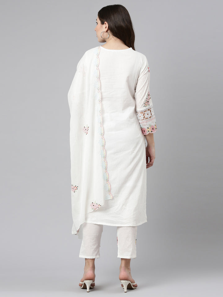 Neerus Beige embroidered straight kurta set - side view