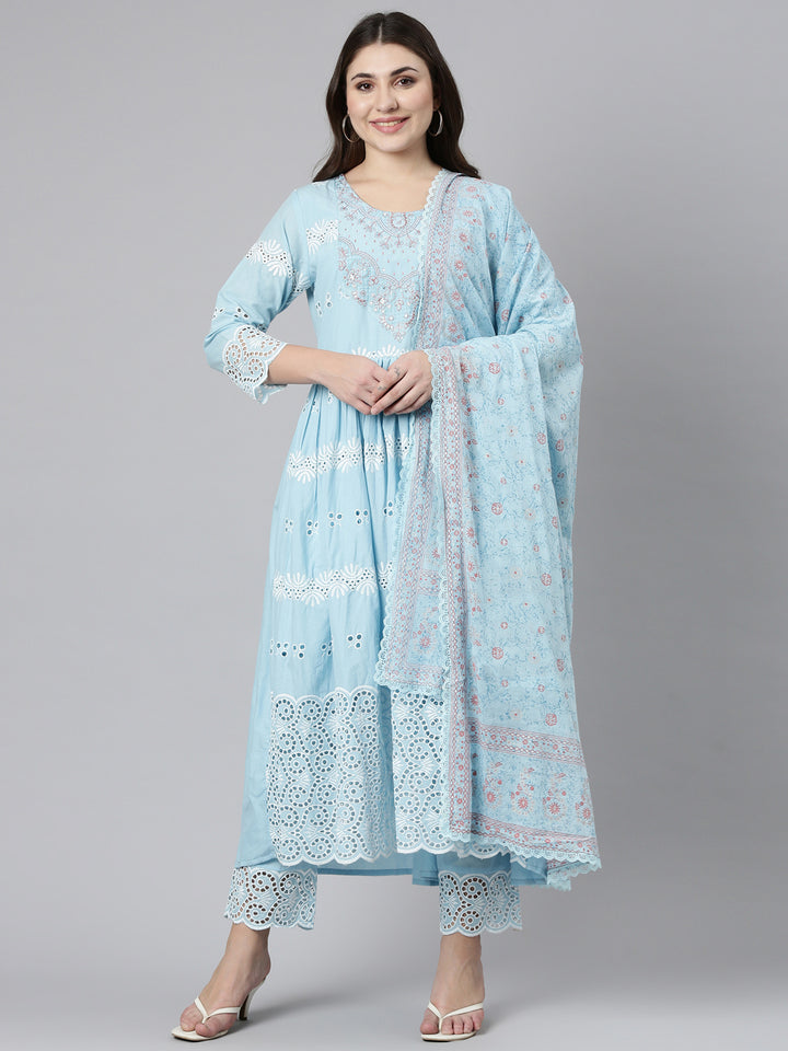 Neerus Blue embroidered straight kurta set with dupatta - front view