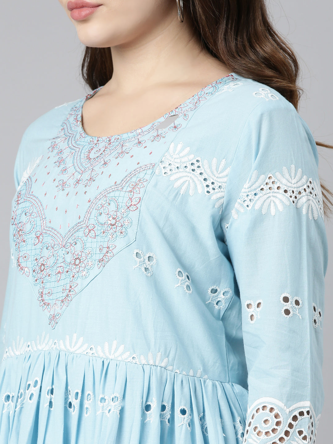 Neerus Blue embroidered straight kurta set with dupatta - detail view 1