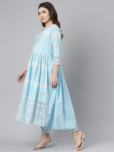Neerus Blue Pleated Straight Embroidered Kurta And Trousers With Dupatta