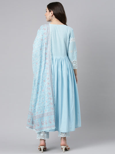 Neerus Blue Pleated Straight Embroidered Kurta And Trousers With Dupatta
