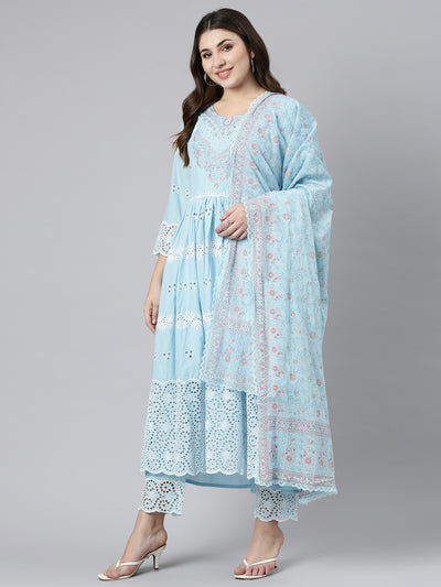 Neerus Blue Pleated Straight Embroidered Kurta And Trousers With Dupatta