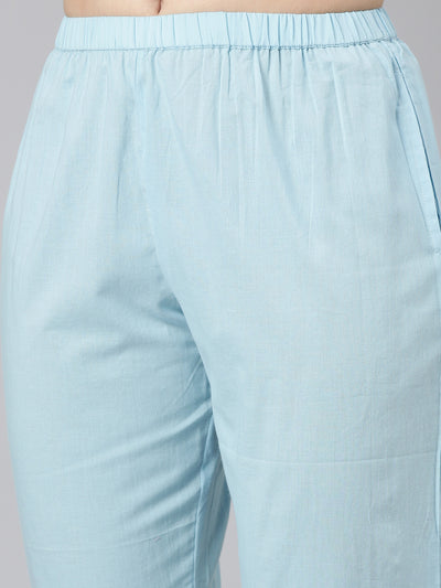 Neerus Blue Pleated Straight Embroidered Kurta And Trousers With Dupatta