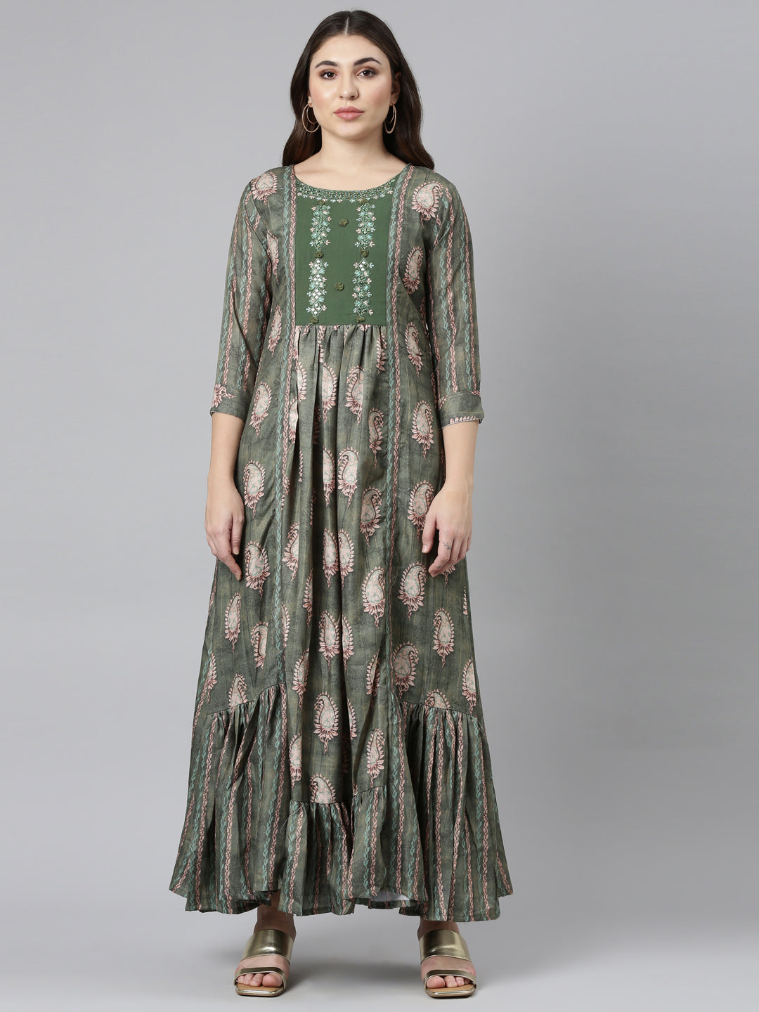 Neerus Green Flared Casual Printed Dress