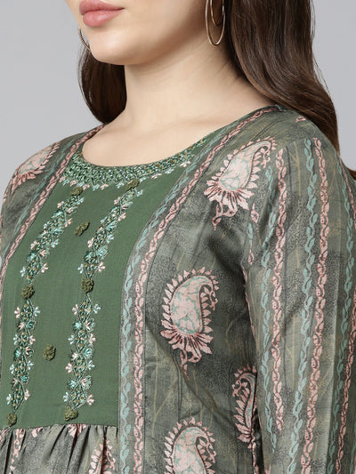 Neerus Green Flared Casual Printed Gown