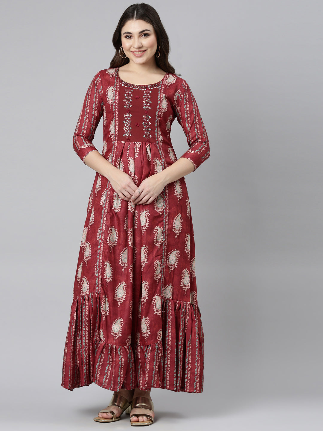 Neerus Maroon Flared Casual Printed Gown