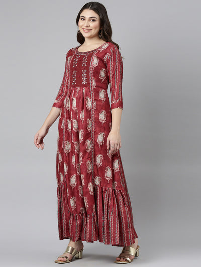 Neerus Maroon Flared Casual Printed Gown