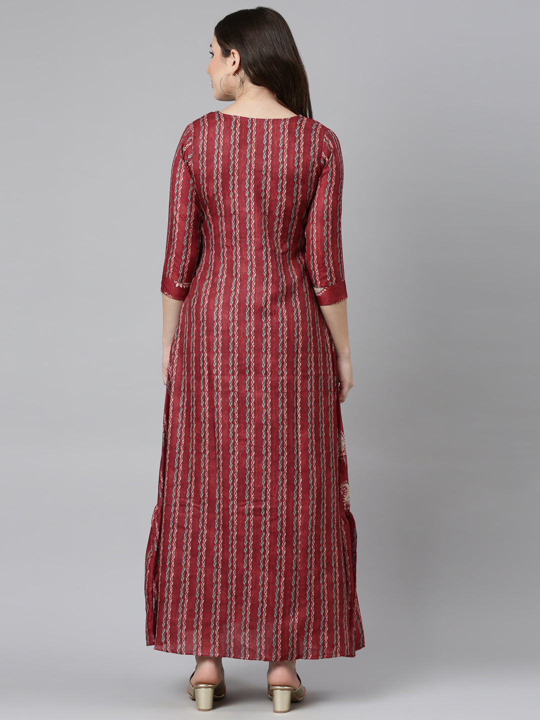 Neerus Maroon Flared Casual Printed Gown