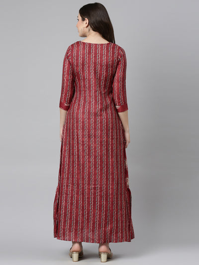 Neerus Maroon Flared Casual Printed Gown