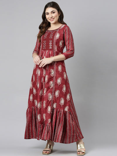 Neerus Maroon Flared Casual Printed Gown