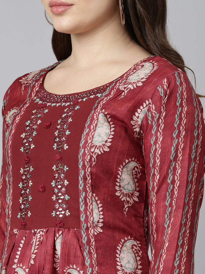 Neerus Maroon Flared Casual Printed Dress