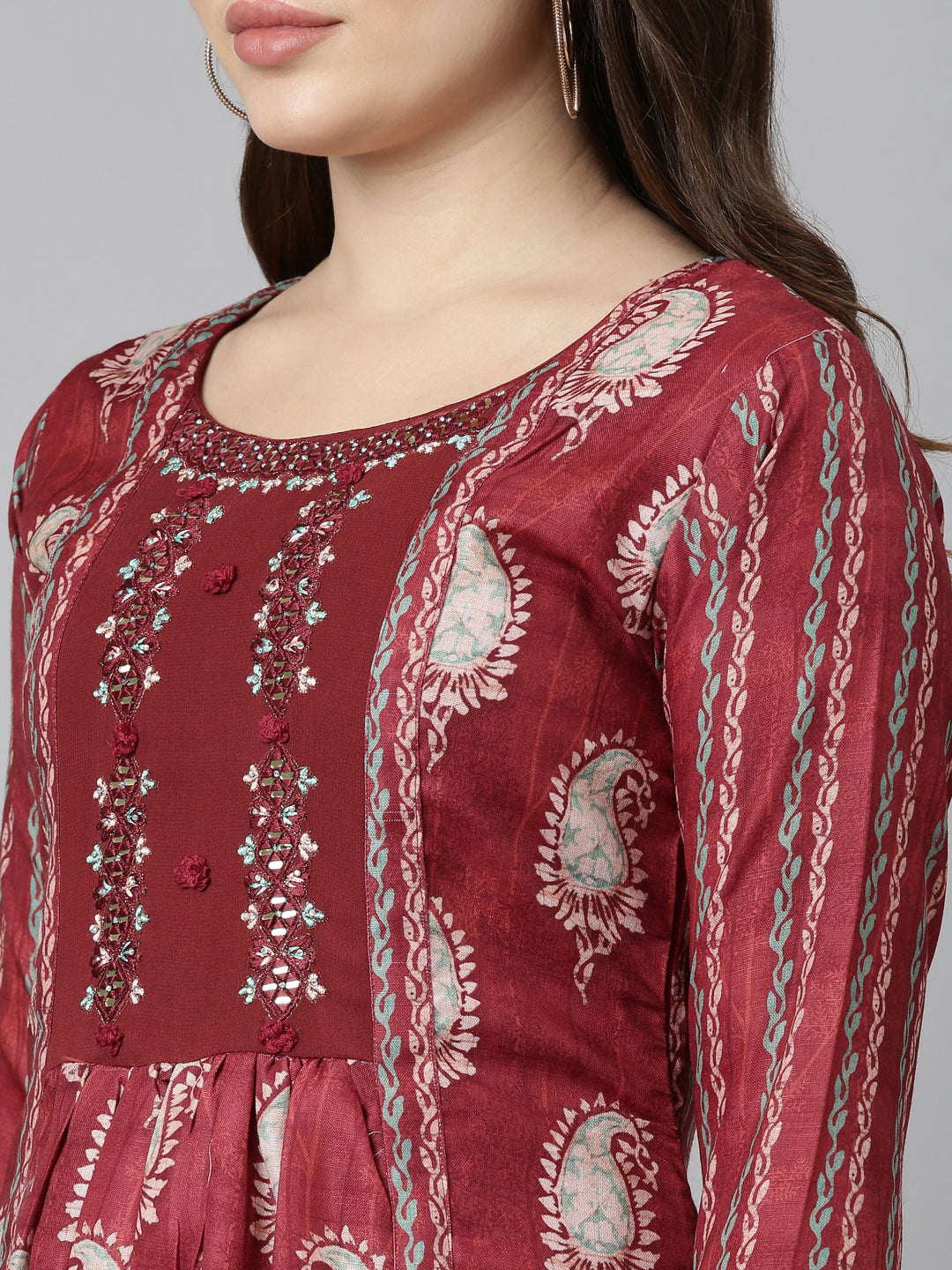 Neerus Maroon Flared Casual Printed Gown