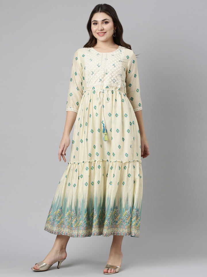Neerus Green Straight Casual Printed Dress