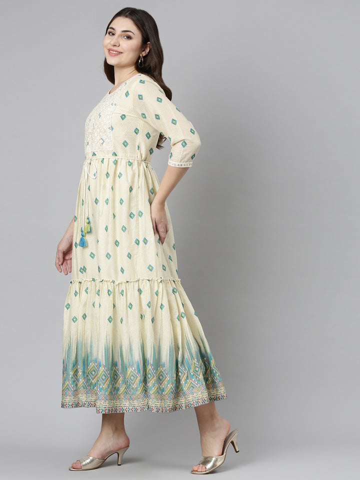 Neerus Green Straight Casual Printed Dress