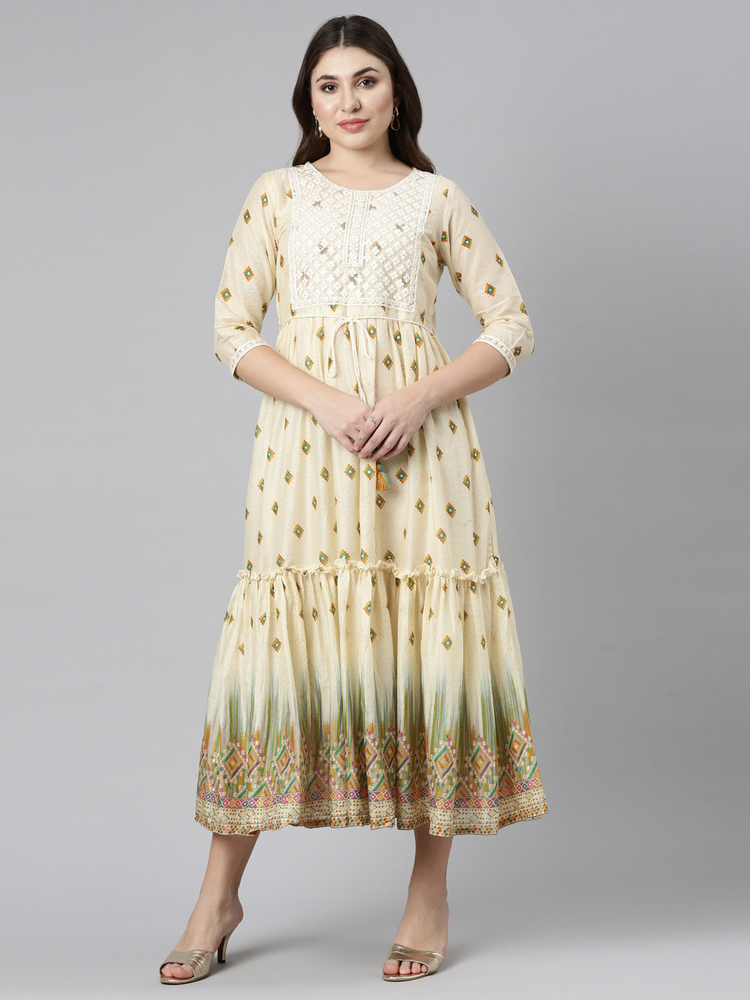 Neerus Mustard Straight Casual Printed Gown