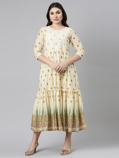 Neerus Mustard Straight Casual Printed Gown