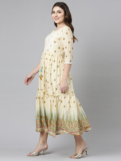 Neerus Mustard Straight Casual Printed Gown