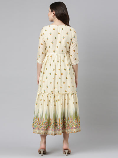 Neerus Mustard Straight Casual Printed Gown
