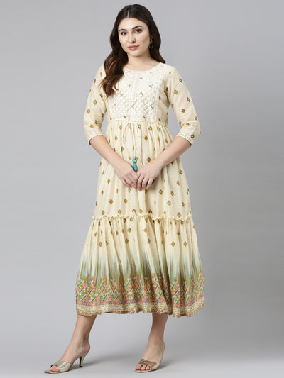 Neerus Mustard Straight Casual Printed Gown