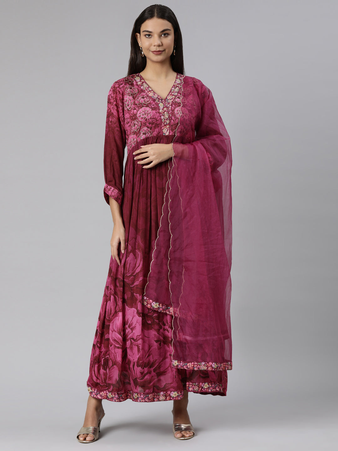 Neerus Pink printed floral straight suit set - front view