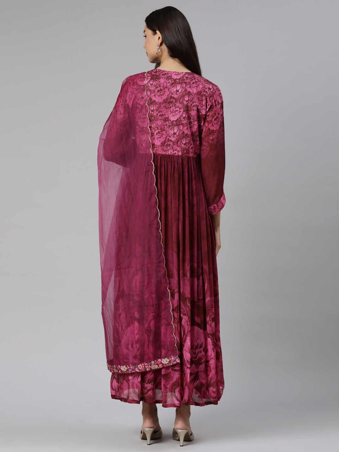 Neerus Pink printed floral straight suit set - side view