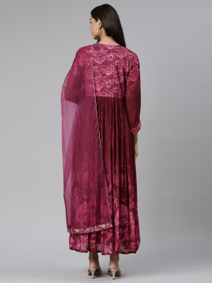 Neerus Pink printed floral straight suit set - side view