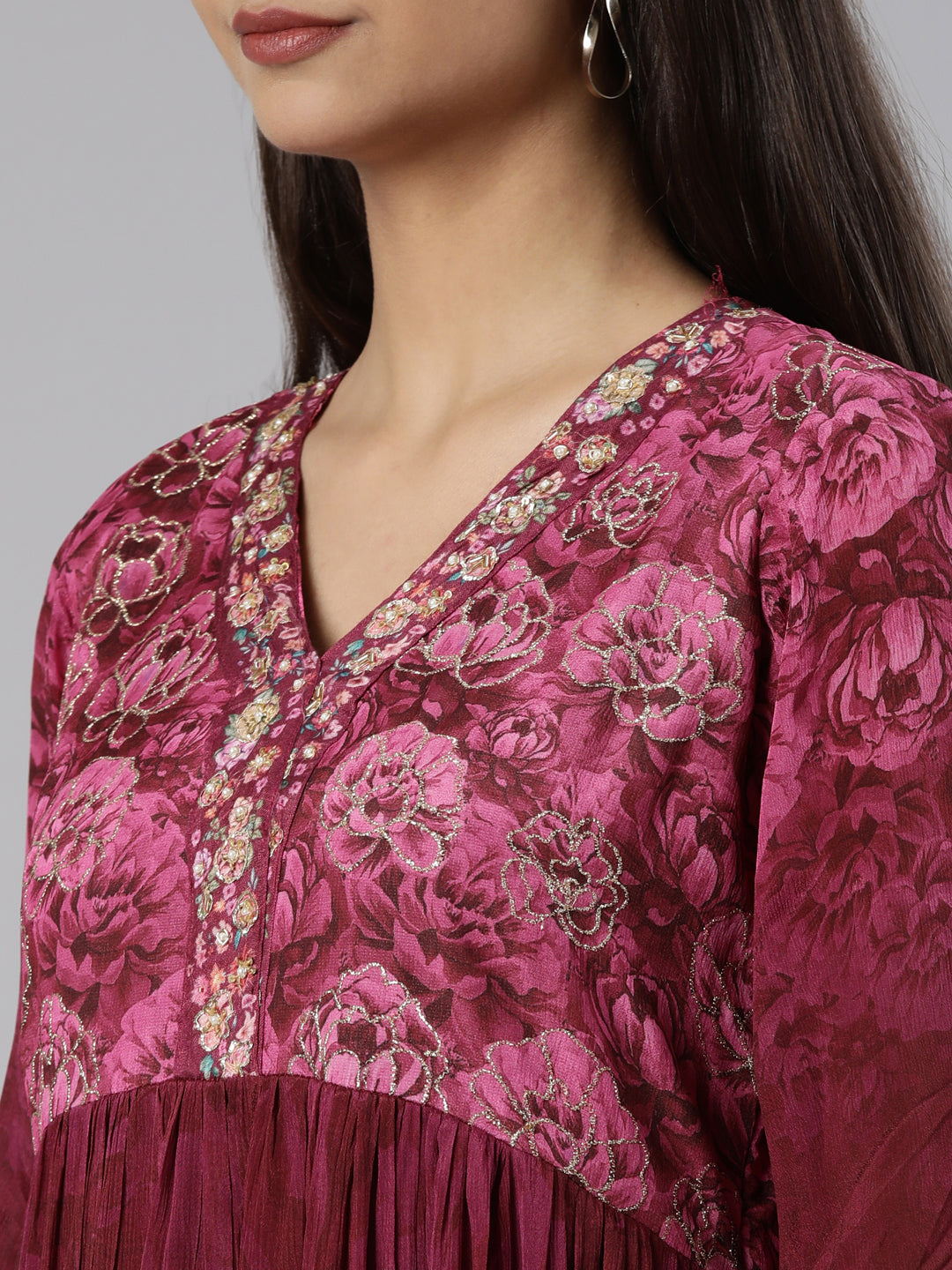 Neerus Pink printed floral straight suit set - detail view 1