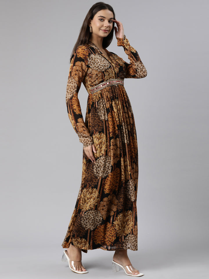 Neerus Gold Flared Casual Floral Dresses