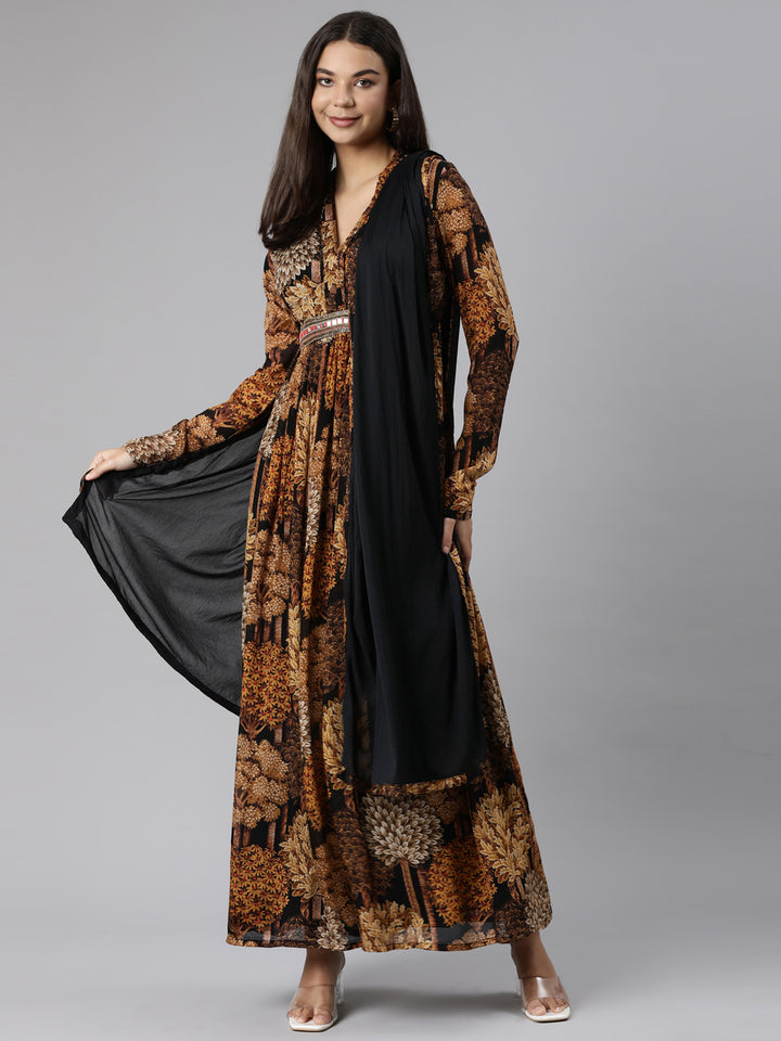 Neerus Gold Flared Casual Floral Dresses