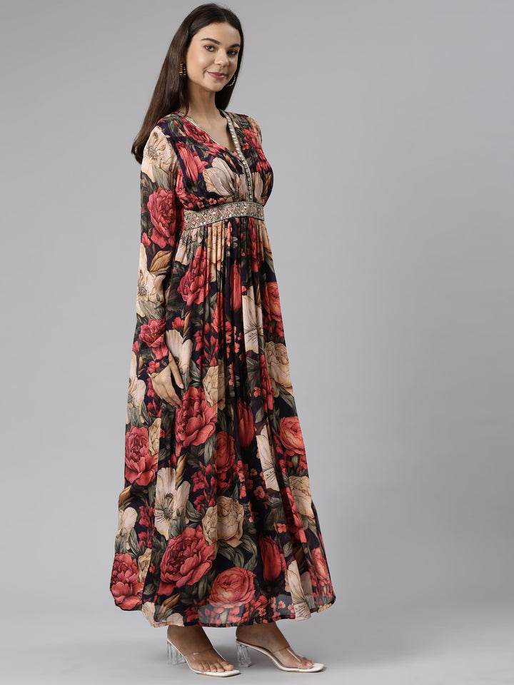 Neerus Cream Flared Casual Floral Dresses