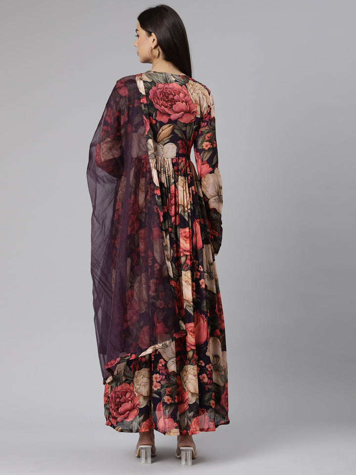 Neerus Cream Flared Casual Floral Dresses