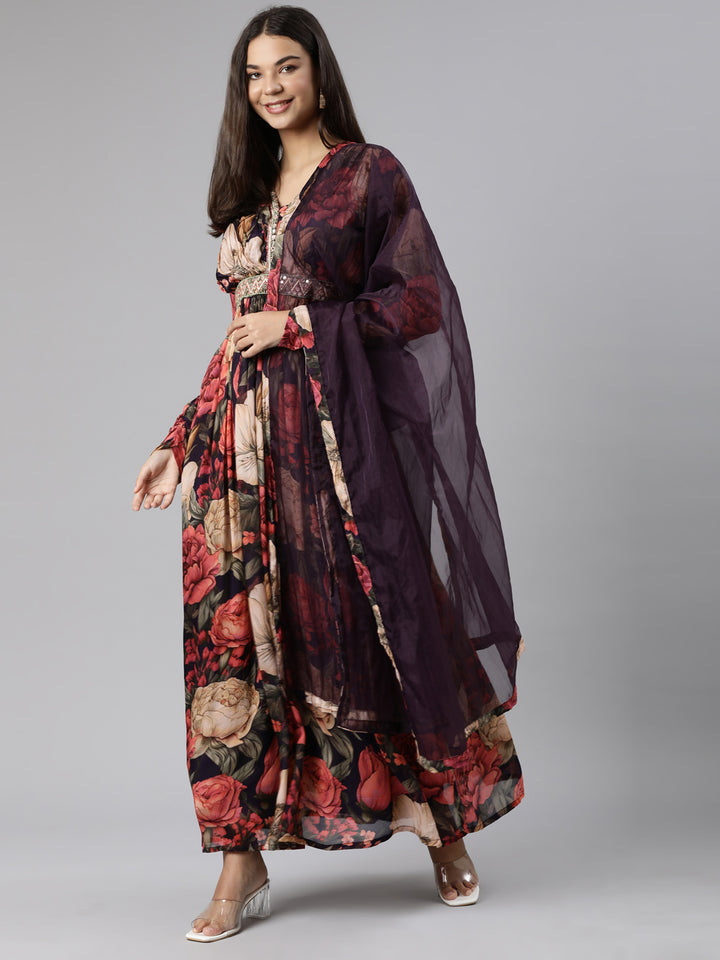 Neerus Cream Flared Casual Floral Dresses