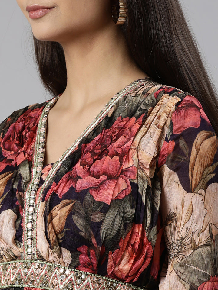 Neerus Cream Flared Casual Floral Dresses