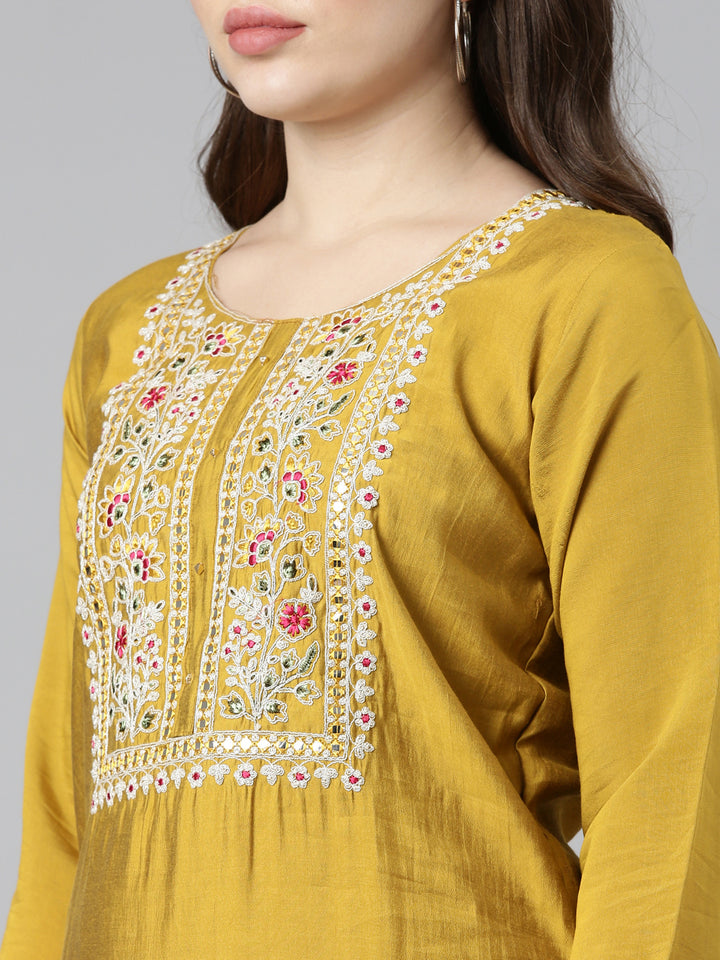 Neerus Yellow Regular Straight Solid Kurta And Trousers With Dupatta